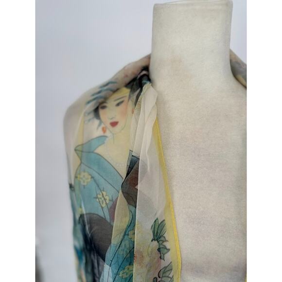 Silk Blend Scarf Asian Geisha Floral Print 66 x 19 Rectangle Art Wall Decor - Picture 2 of 10
